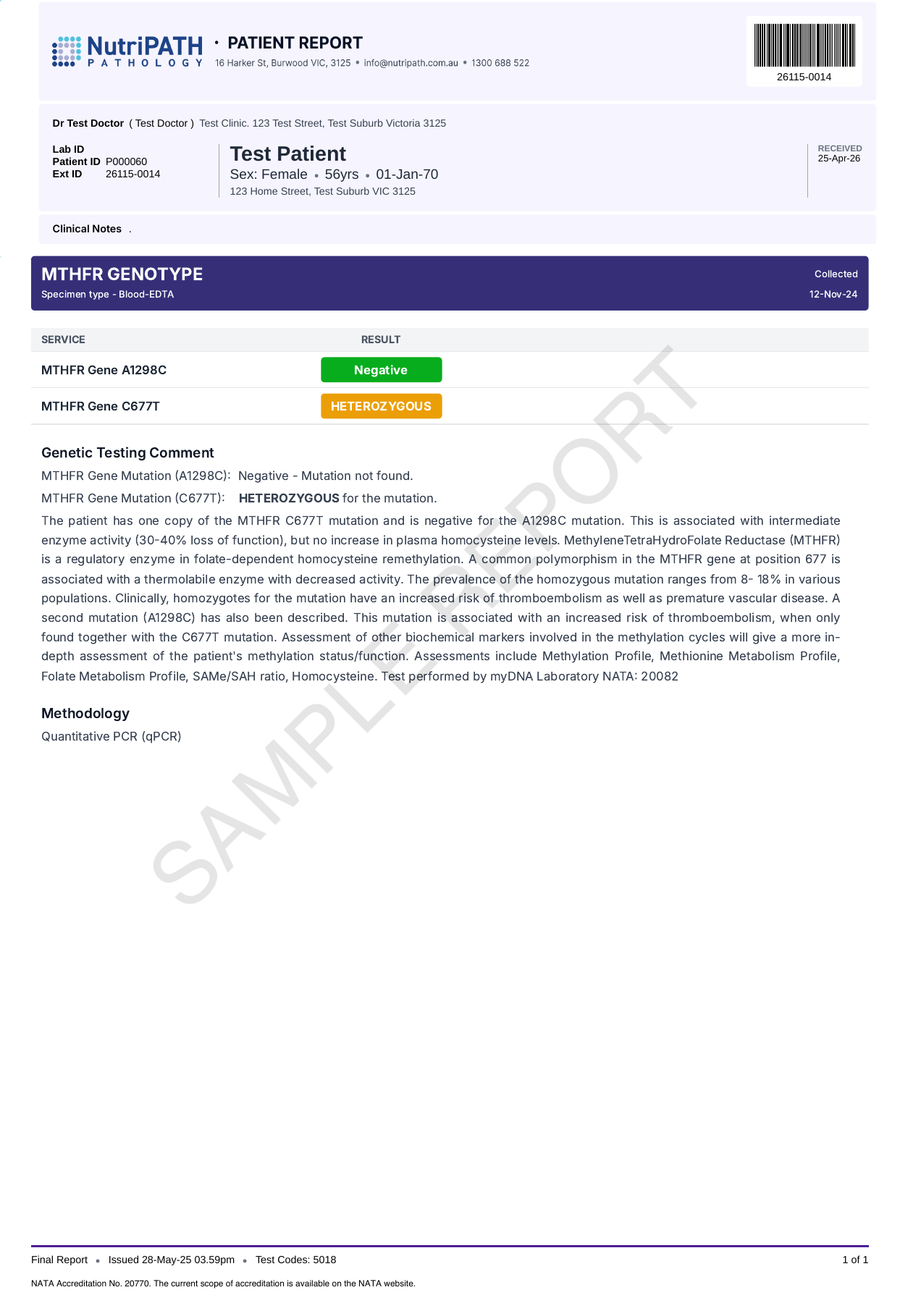 NutriPATH published sample report · MTHFR (blood) · Example page 1; report format may vary