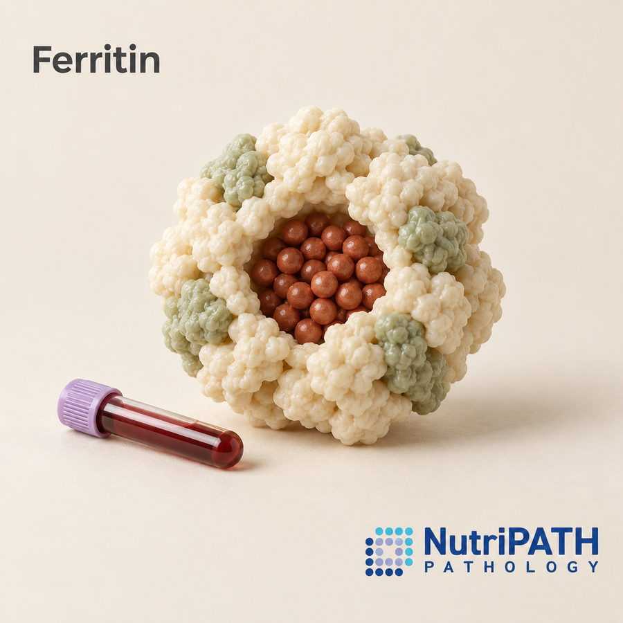 Ferritin — original OptiLabs clinical illustration with supplier logo; collection items are illustrative, not the exact supplied kit