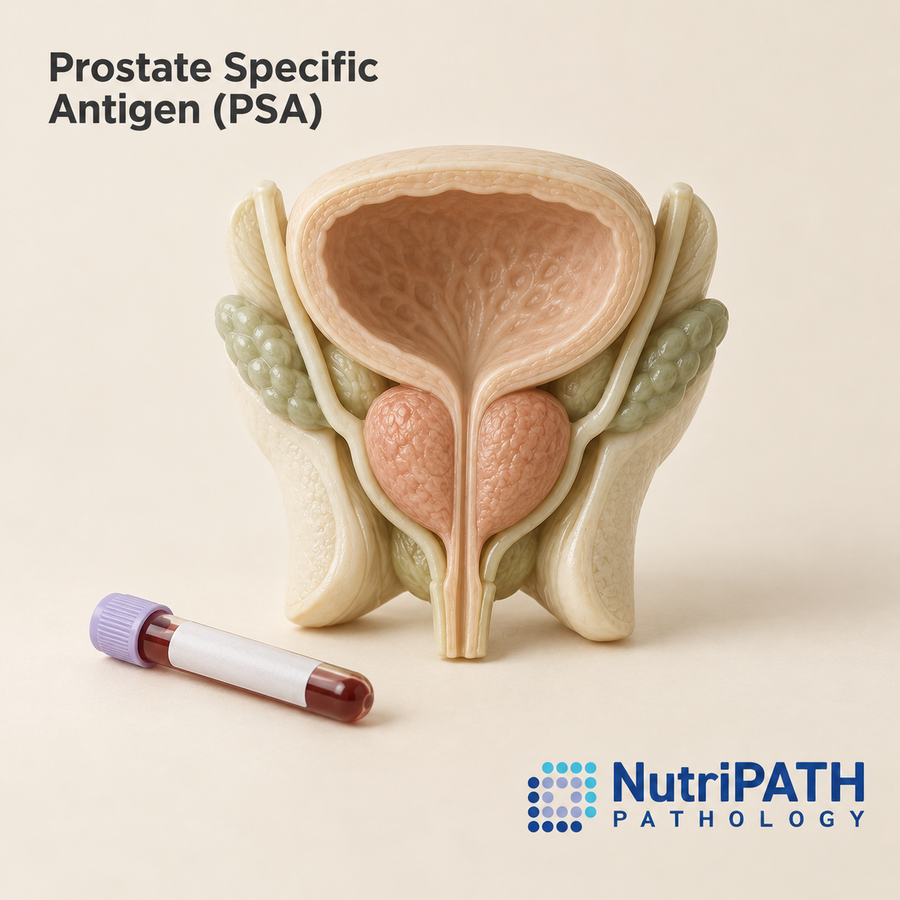 Prostate Specific Antigen (PSA) — original OptiLabs clinical illustration with supplier logo; collection items are illustrative, not the exact supplied kit