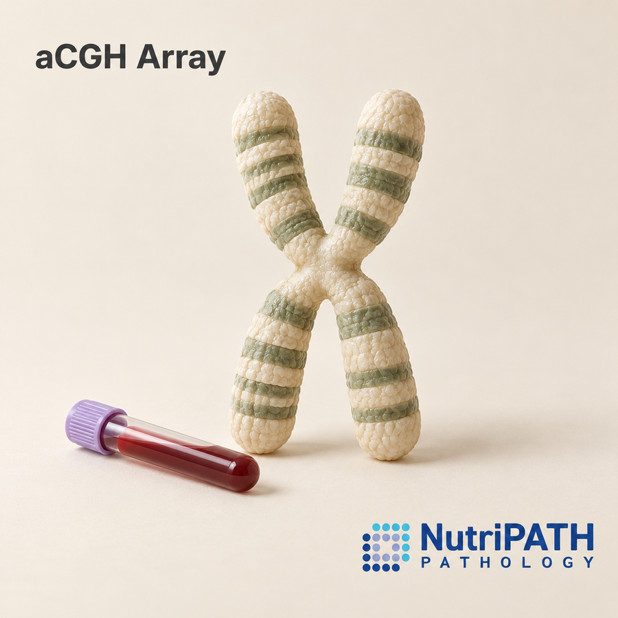aCGH Array — original OptiLabs clinical illustration with supplier logo; collection items are illustrative, not the exact supplied kit