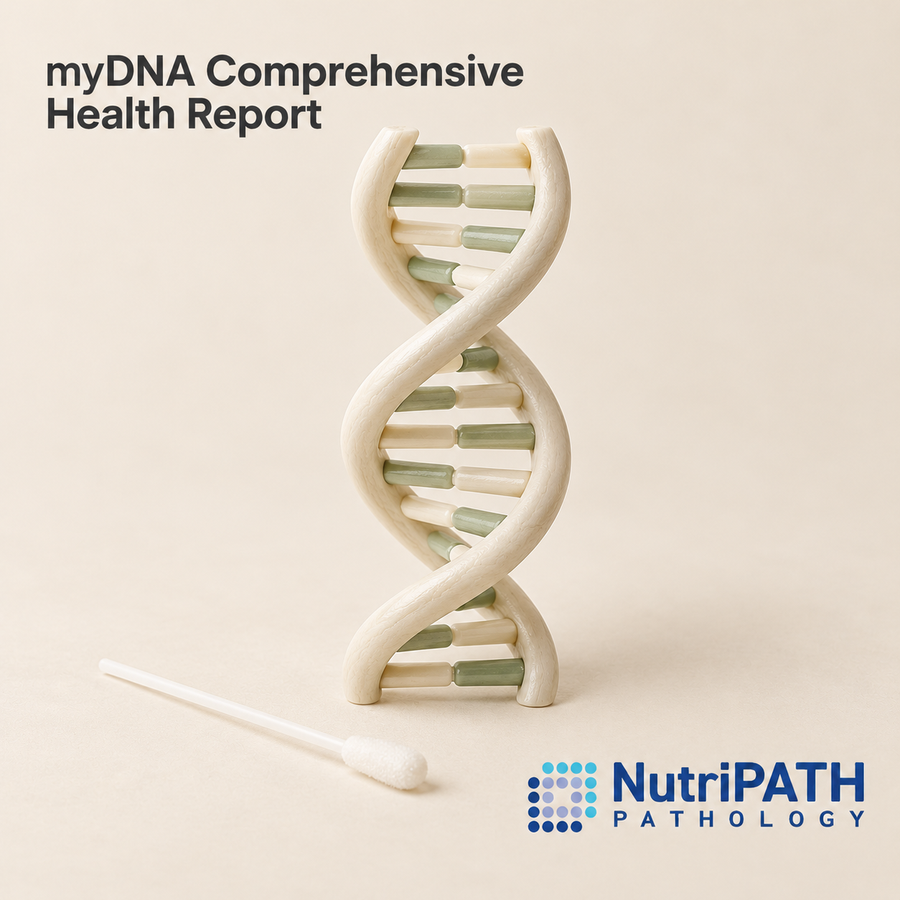 myDNA Comprehensive Health Report — original OptiLabs clinical illustration with supplier logo; collection items are illustrative, not the exact supplied kit
