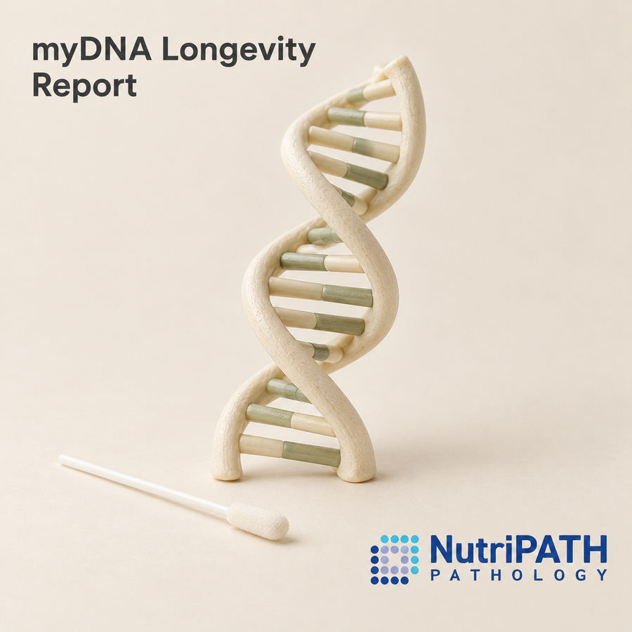 myDNA Longevity Report — original OptiLabs clinical illustration with supplier logo; collection items are illustrative, not the exact supplied kit
