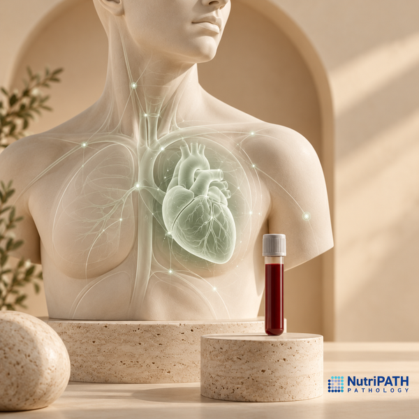 OptiLabs original NutriPATH testing illustration — cardiovascular blood; conceptual anatomy and generic collection cue