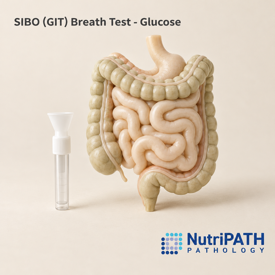 SIBO (GIT) Breath Test - Glucose — original OptiLabs clinical illustration with supplier logo; collection items are illustrative, not the exact supplied kit