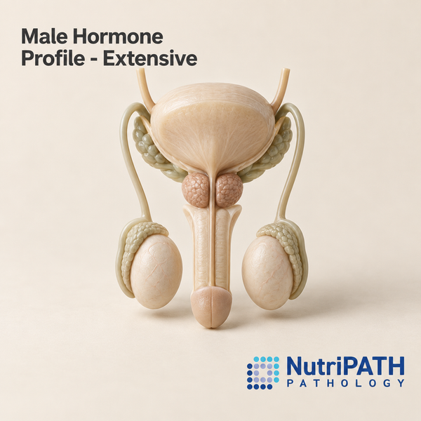 Male Hormone Profile - Extensive — original OptiLabs clinical illustration with supplier logo; collection items are illustrative, not the exact supplied kit