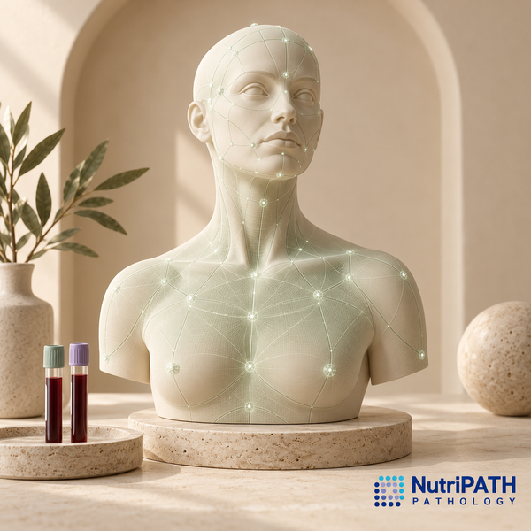 OptiLabs original NutriPATH testing illustration — nutrients blood; conceptual anatomy and generic collection cue
