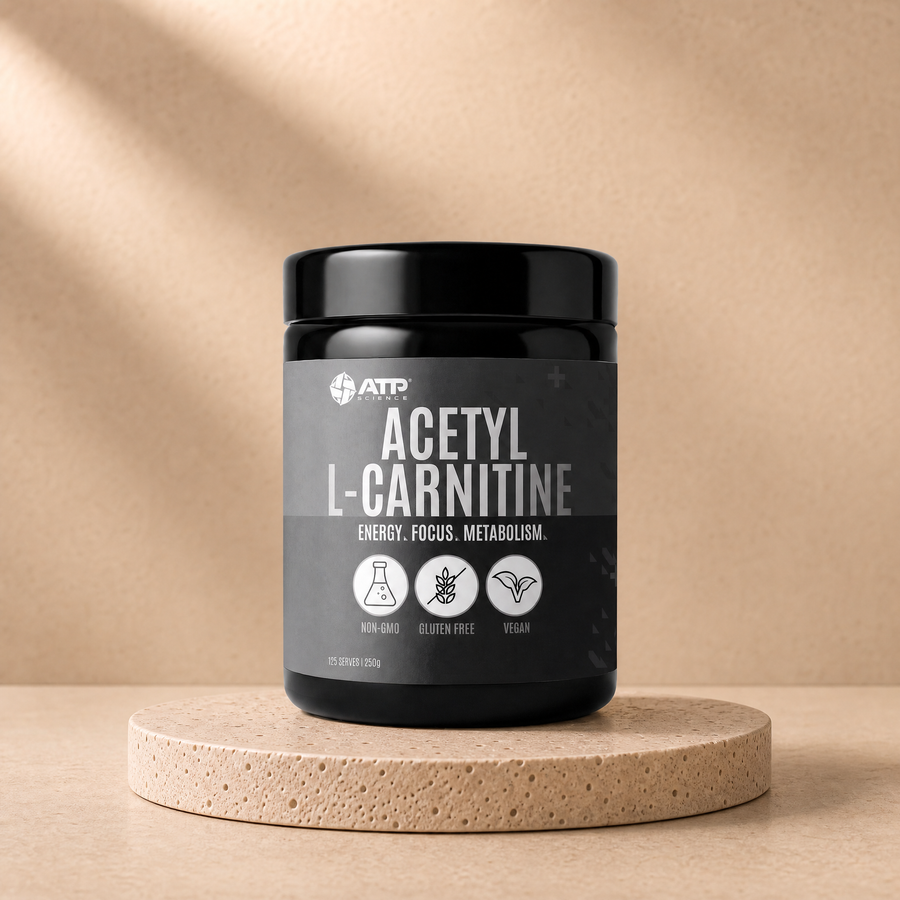 Acetyl L-carnitine powder (ALCAR) on a beige stone platform
