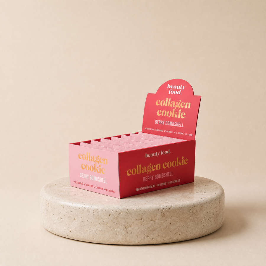 Collagen cookies (berry) on a beige stone platform