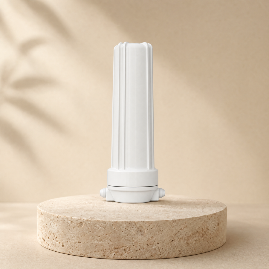 Benchtop Prefilter Casing (for PFAS filter) on a beige stone platform