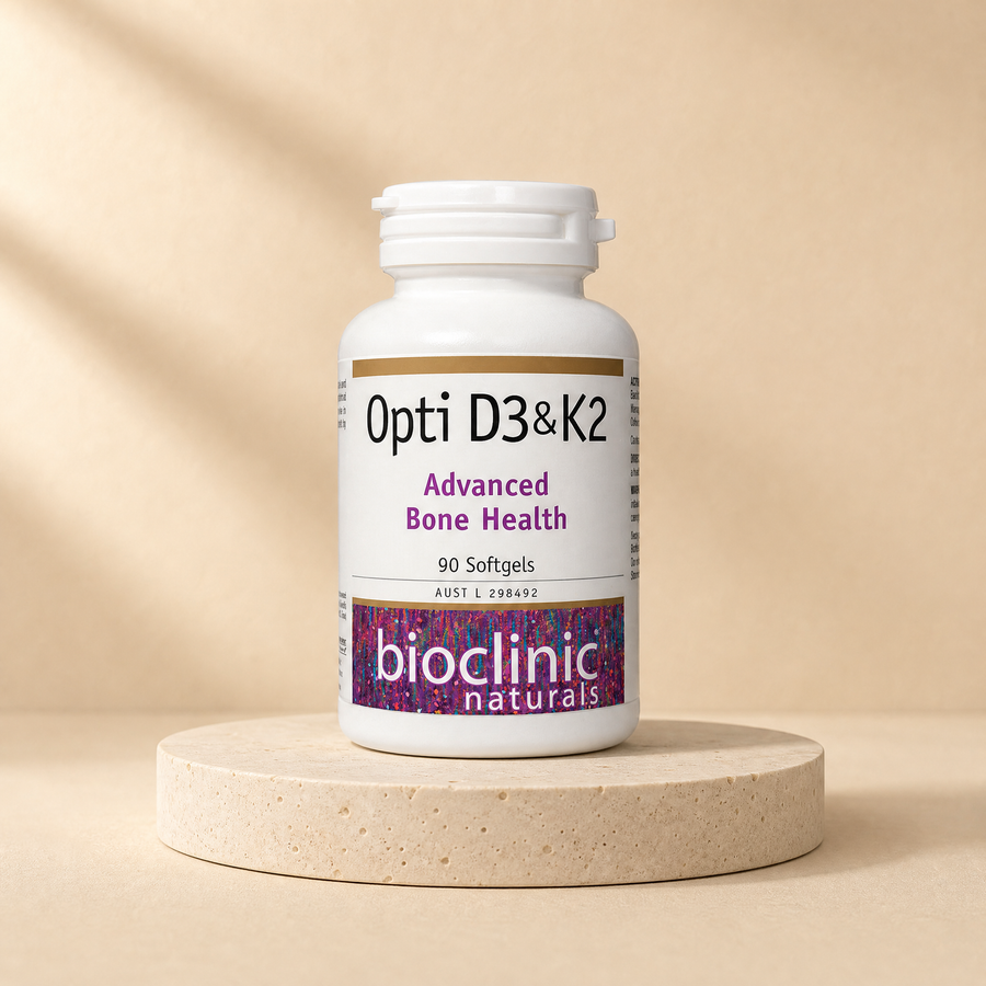 Bioclinic Naturals Opti D3&K2, 90 softgels on a beige stone platform