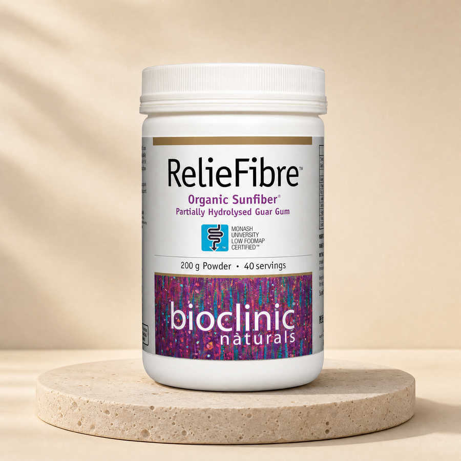 Bioclinic Naturals RelieFibre Organic Sunfiber, 200 g powder, 40 servings on a beige stone platform