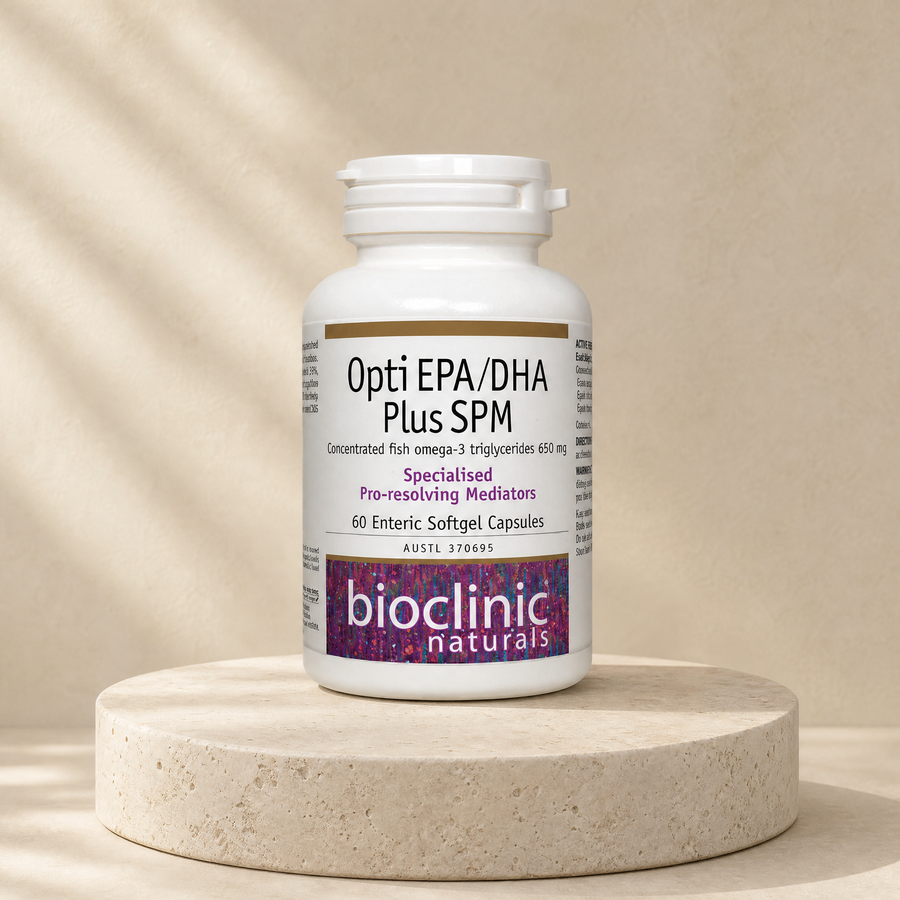 Bioclinic Naturals Opti EPA/DHA Plus SPM, concentrated fish omega-3 triglycerides 650 mg, 60 enteric softgel capsules on a beige stone platform
