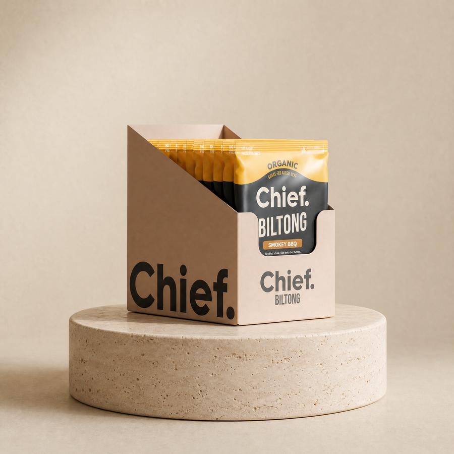 Smokey biltong (large pack) on a beige stone platform