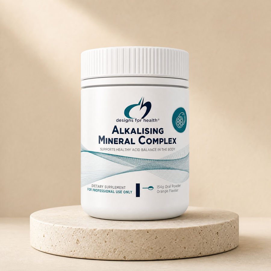 Alkalising mineral electrolytes on a beige stone platform