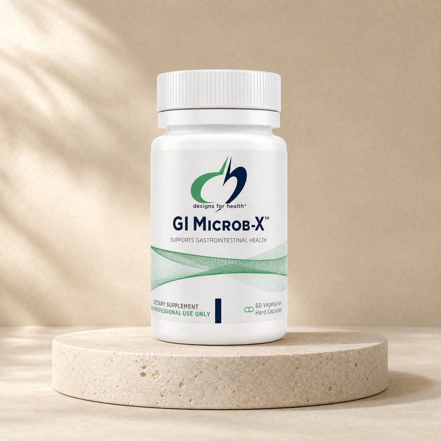 Designs for Health GI Microb-X, 60 vegetarian hard capsules on a beige stone platform