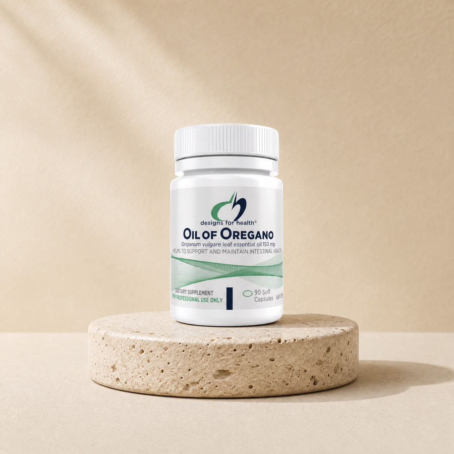 Oil of Oregano on a beige stone platform