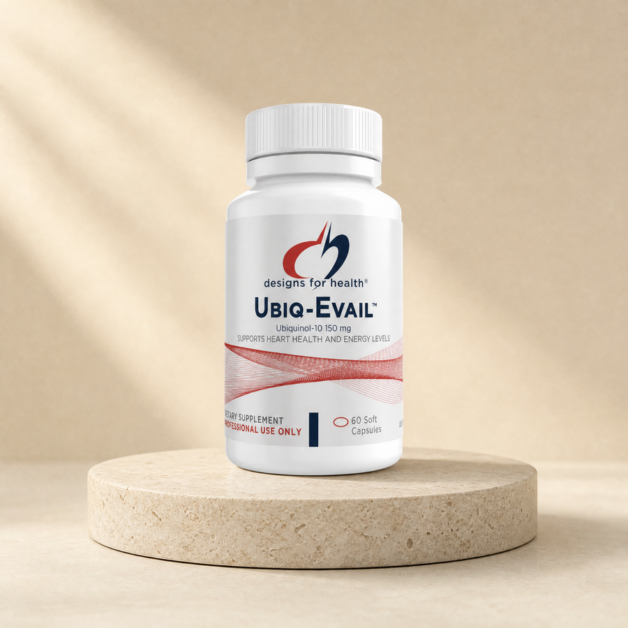 Designs for Health Ubiq-Evail, ubiquinol-10 150 mg, 60 soft capsules on a beige stone platform