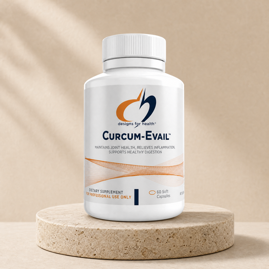 Designs for Health Curcum-Evail, 60 soft capsules on a beige stone platform