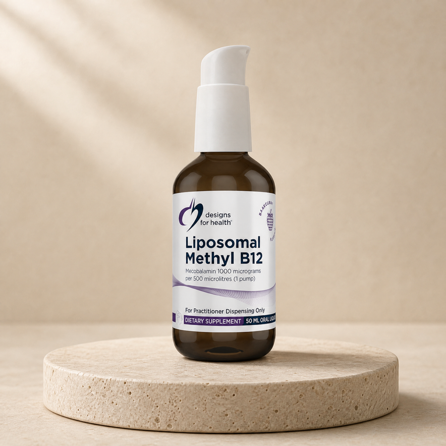 Designs for Health Liposomal Methyl B12, 1000 micrograms/500 microlitres, 50 mL on a beige stone platform