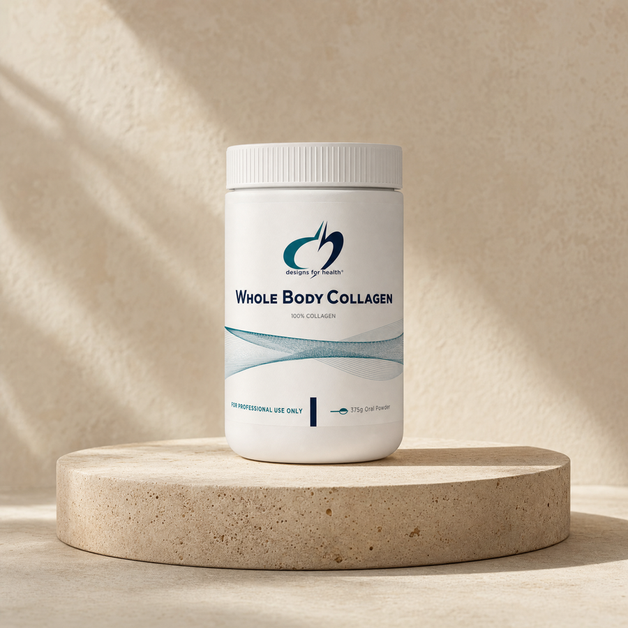 Designs for Health Whole Body Collagen, 100% collagen, 375 g on a beige stone platform