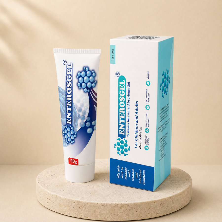 Enterosgel 90 g tube and box, for children and adults; both complete packages retain correct brand and weight on a beige stone platform