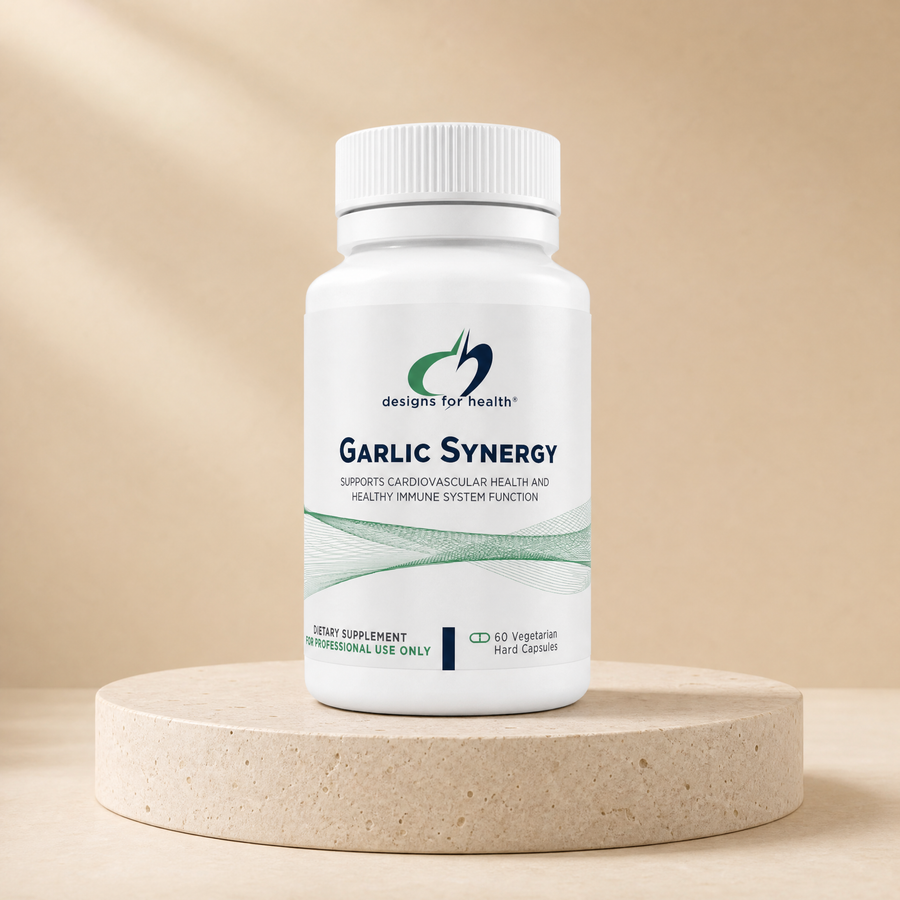 High-allicin garlic extract on a beige stone platform