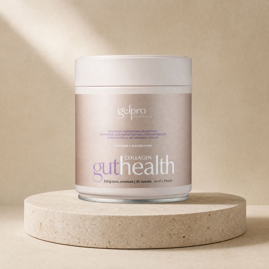 Gelpro Collagen gut health, lavender and elderflower, 325 g powder, 25 serves; source text and natural tub proportions match on a beige stone platform
