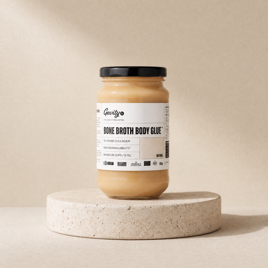 Concentrated bone broth (natural flavor) on a beige stone platform