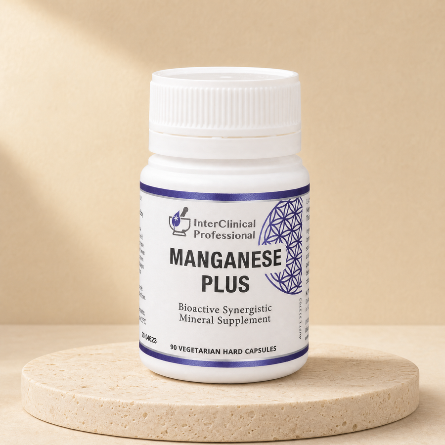 InterClinical Professional Manganese Plus, 90 vegetarian hard capsules on a beige stone platform
