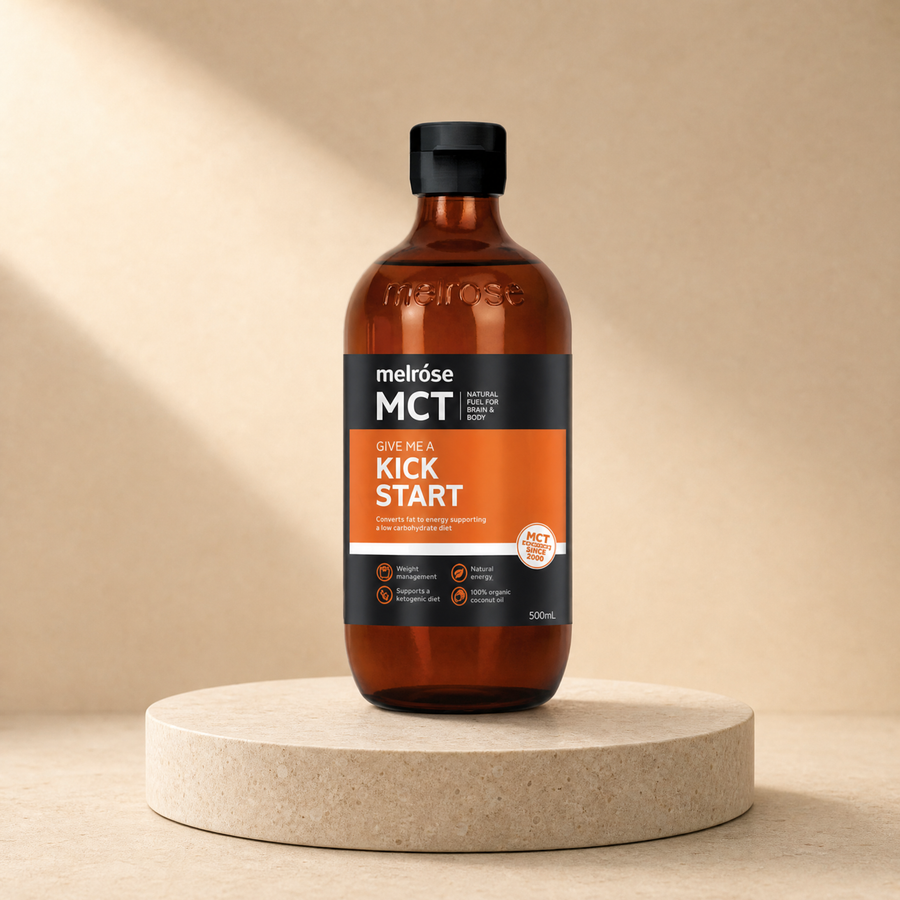 MCT oil (C8/C10) on a beige stone platform