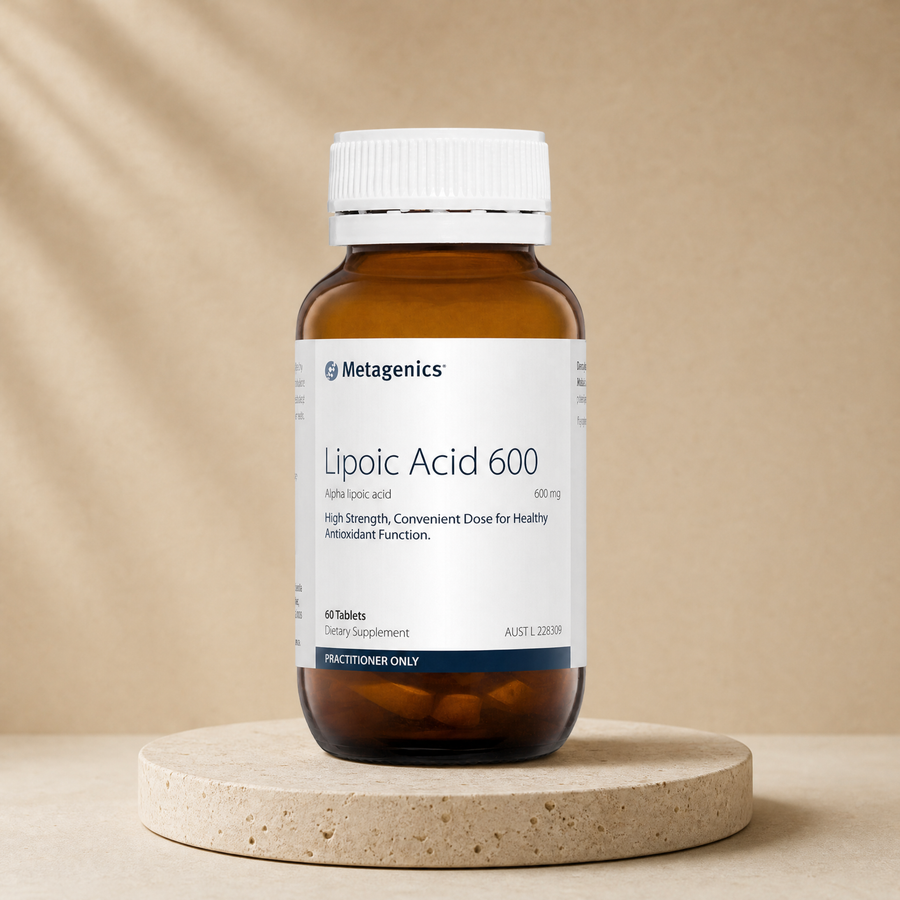Metagenics Lipoic Acid 600 mg, 60 tablets on a beige stone platform
