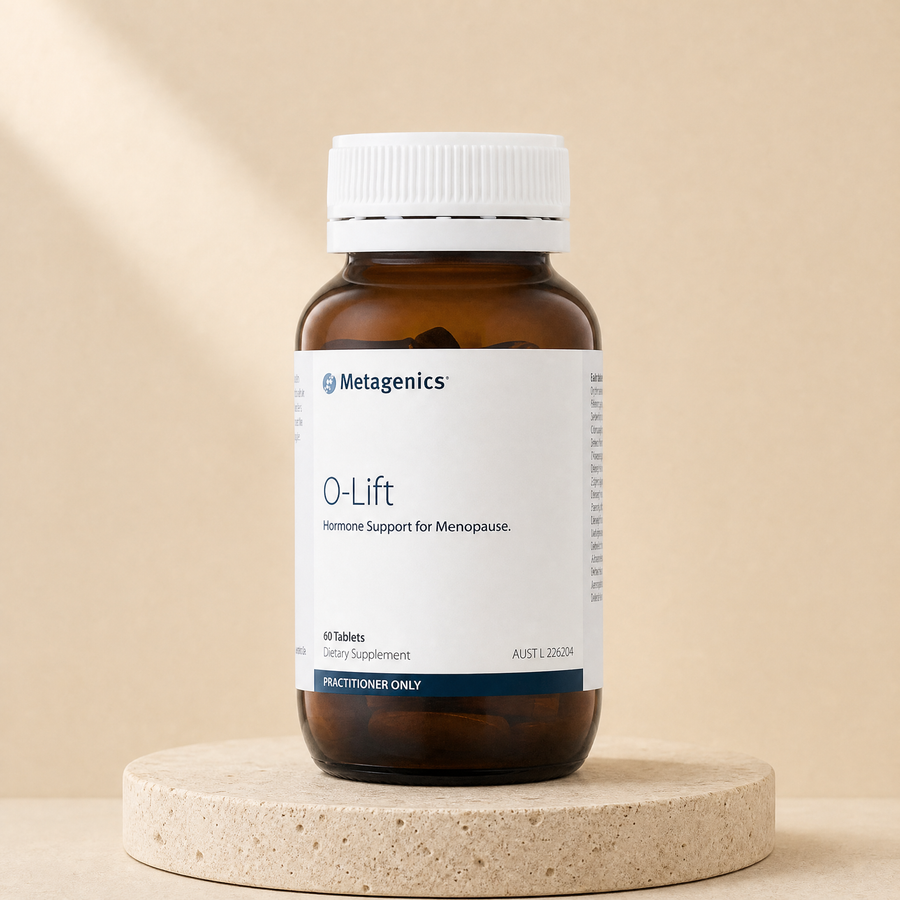 Metagenics O-Lift, 60 tablets on a beige stone platform