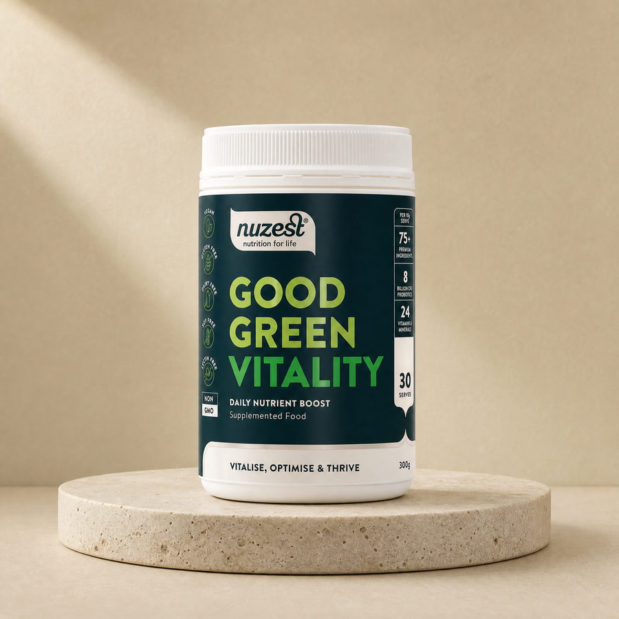 Good Green Vitality, 300 g, 30 serves on a beige stone platform