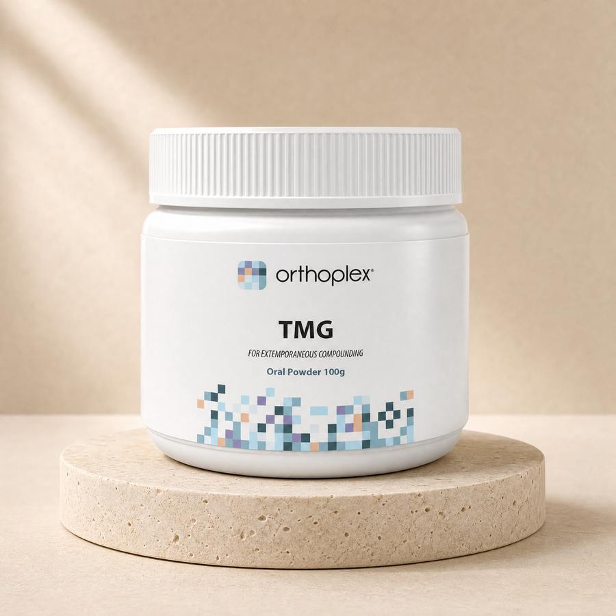 Orthoplex TMG 100 g oral powder on a beige stone platform