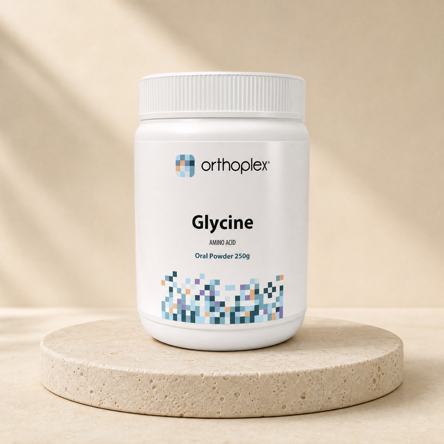 Orthoplex Glycine 250 g oral powder on a beige stone platform