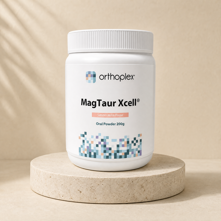 Orthoplex MagTaur Xcell, summer melon flavour, 200 g oral powder on a beige stone platform