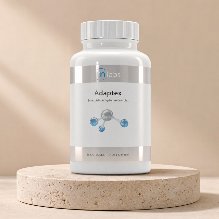 RN Labs Adaptex synergistic adaptogen complex, 60 capsules on a beige stone platform