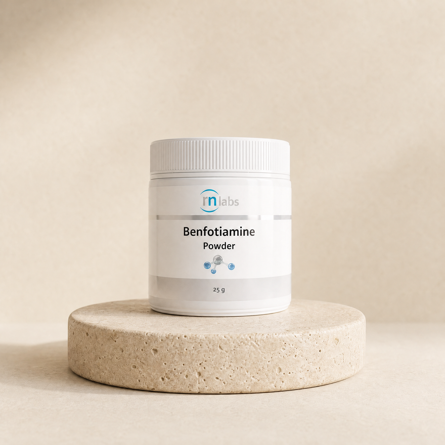 RN Labs Benfotiamine Powder, 25 g on a beige stone platform