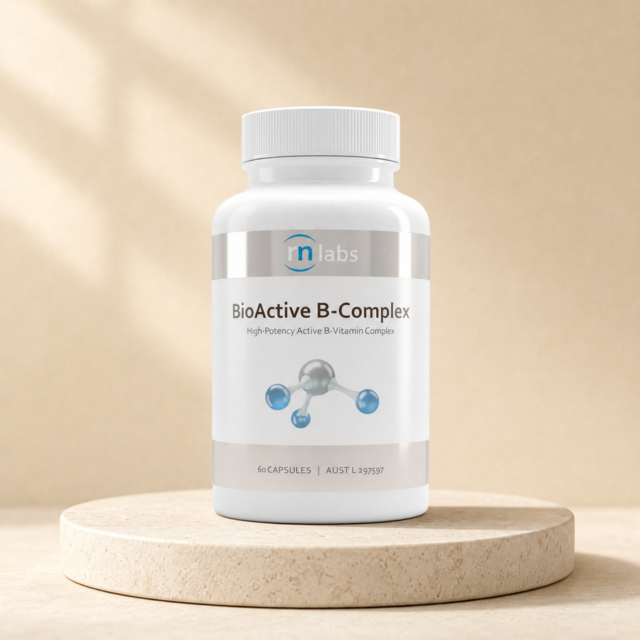 RN Labs BioActive B-Complex, 60 capsules on a beige stone platform