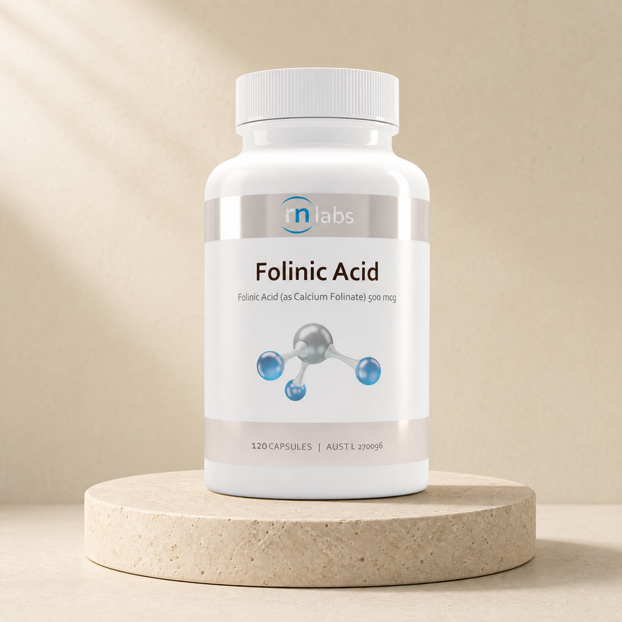 RN Labs Folinic Acid 500 mcg, 120 capsules; source front label and proportions match on a beige stone platform