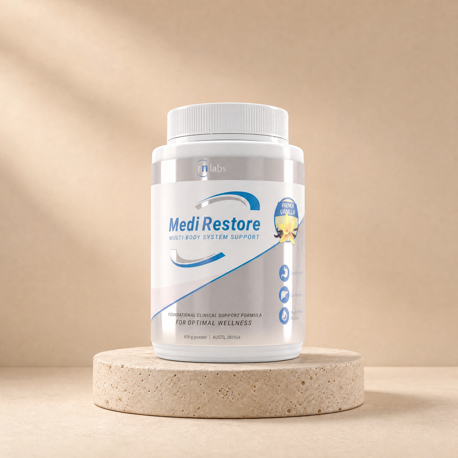 Clinical meal replacement (vanilla) on a beige stone platform
