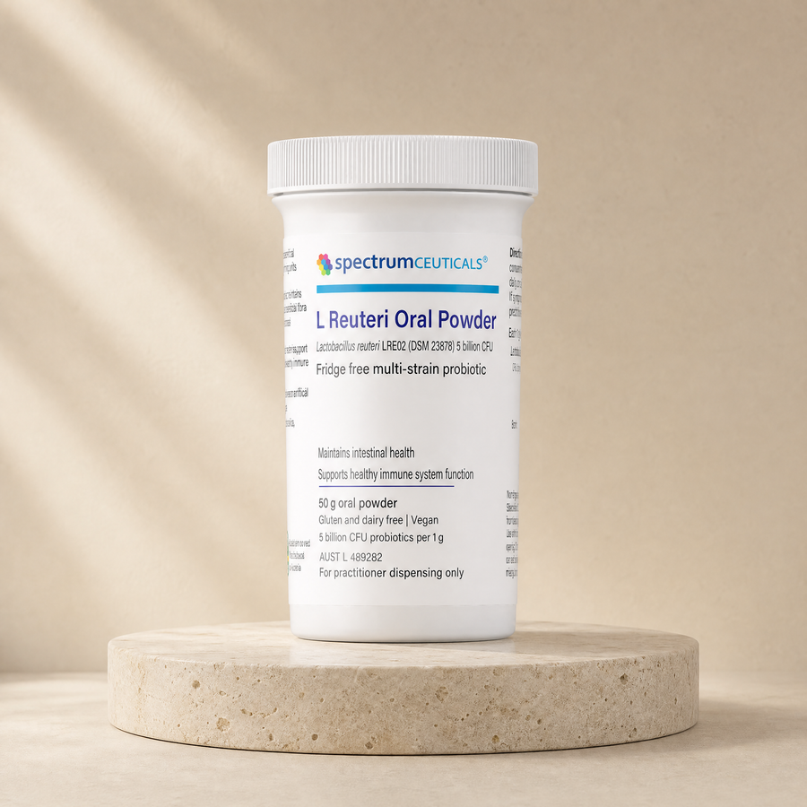 Lactobacillus reuteri powder on a beige stone platform