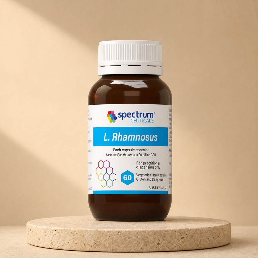 SpectrumCeuticals L. Rhamnosus, 20 billion CFU, 60 capsules on a beige stone platform
