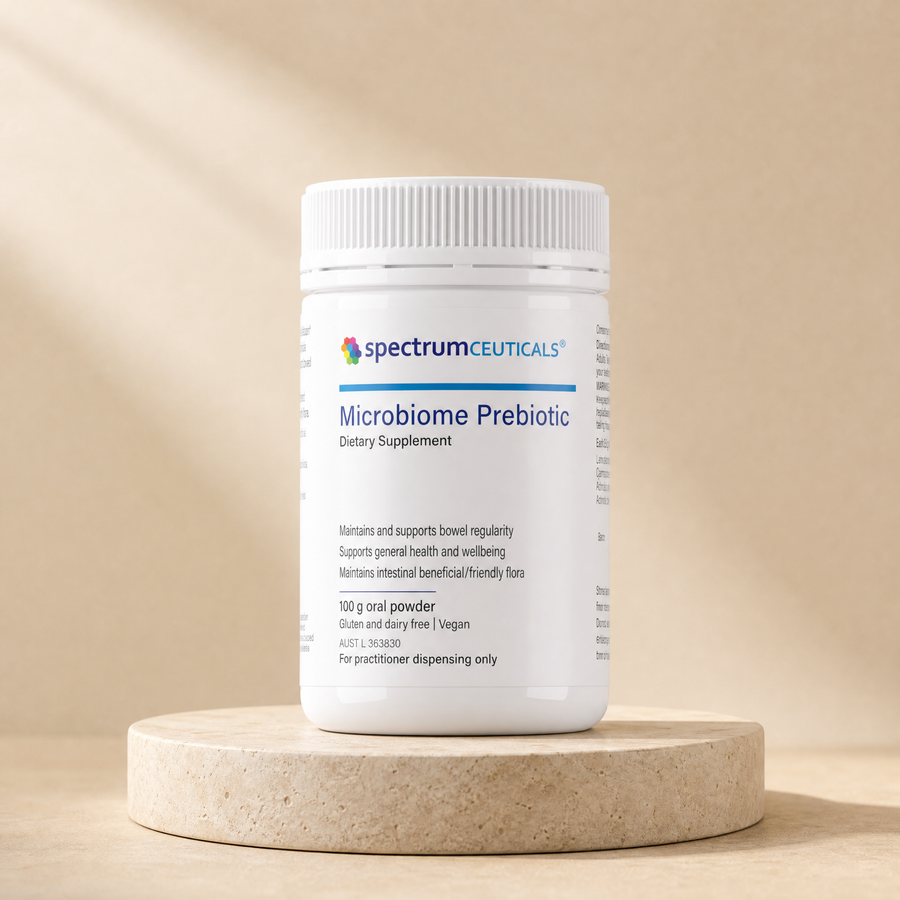 Spectrumceuticals Microbiome Prebiotic, 100 g oral powder on a beige stone platform