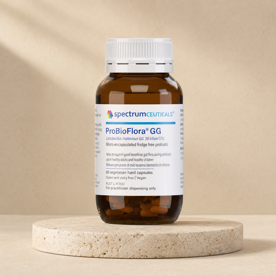 Spectrumceuticals ProBioFlora GG, 20 billion CFU, 60 vegetarian hard capsules on a beige stone platform
