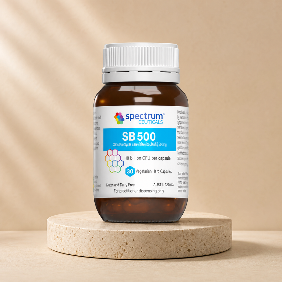 SpectrumCeuticals SB500, 500 mg, 10 billion CFU per capsule, 30 capsules on a beige stone platform