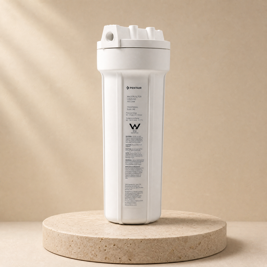Undersink Prefilter Casing (for PFAS filter) on a beige stone platform