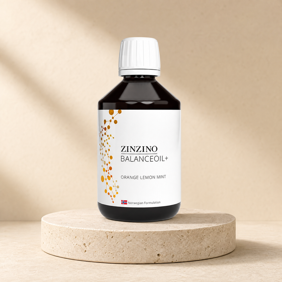 Balance Oil. Orange Lemon Mint 300ml on a beige stone platform
