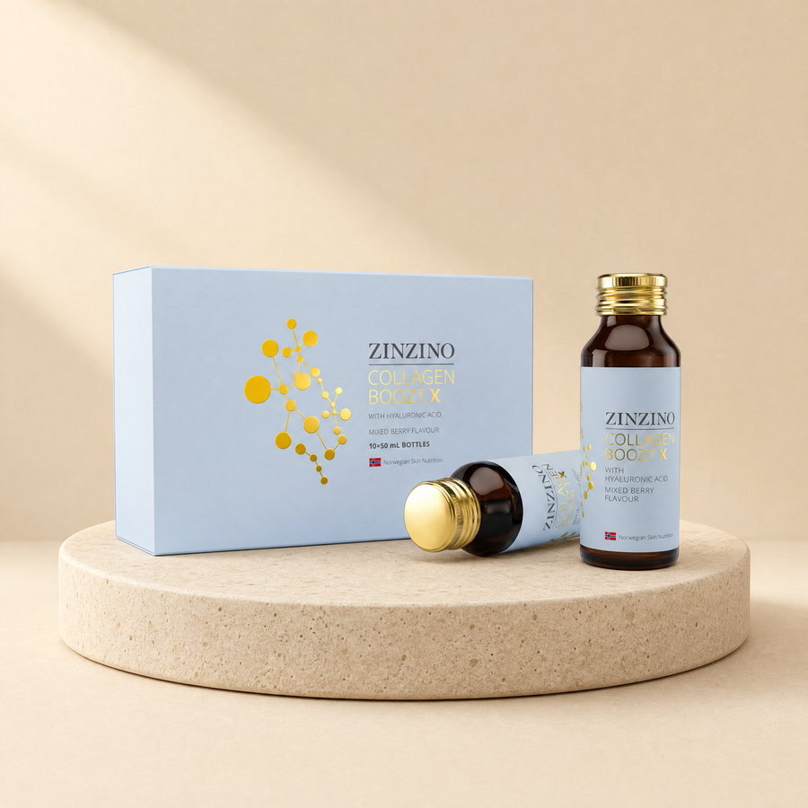 Marine collagen peptides on a beige stone platform