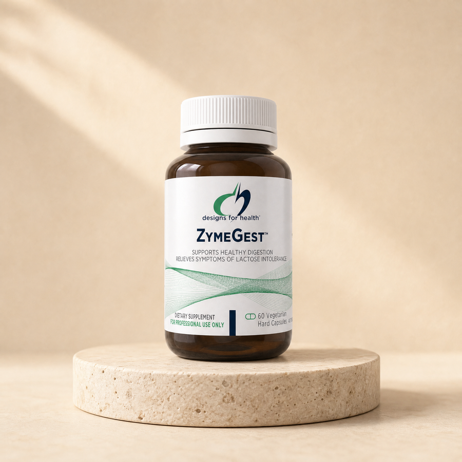Full-spectrum digestive enzymes on a beige stone platform